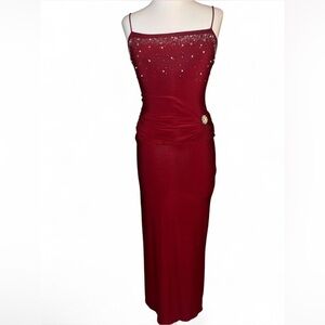 Y2K burgundy rhinestone formal gown by Seasons Designs Inc.